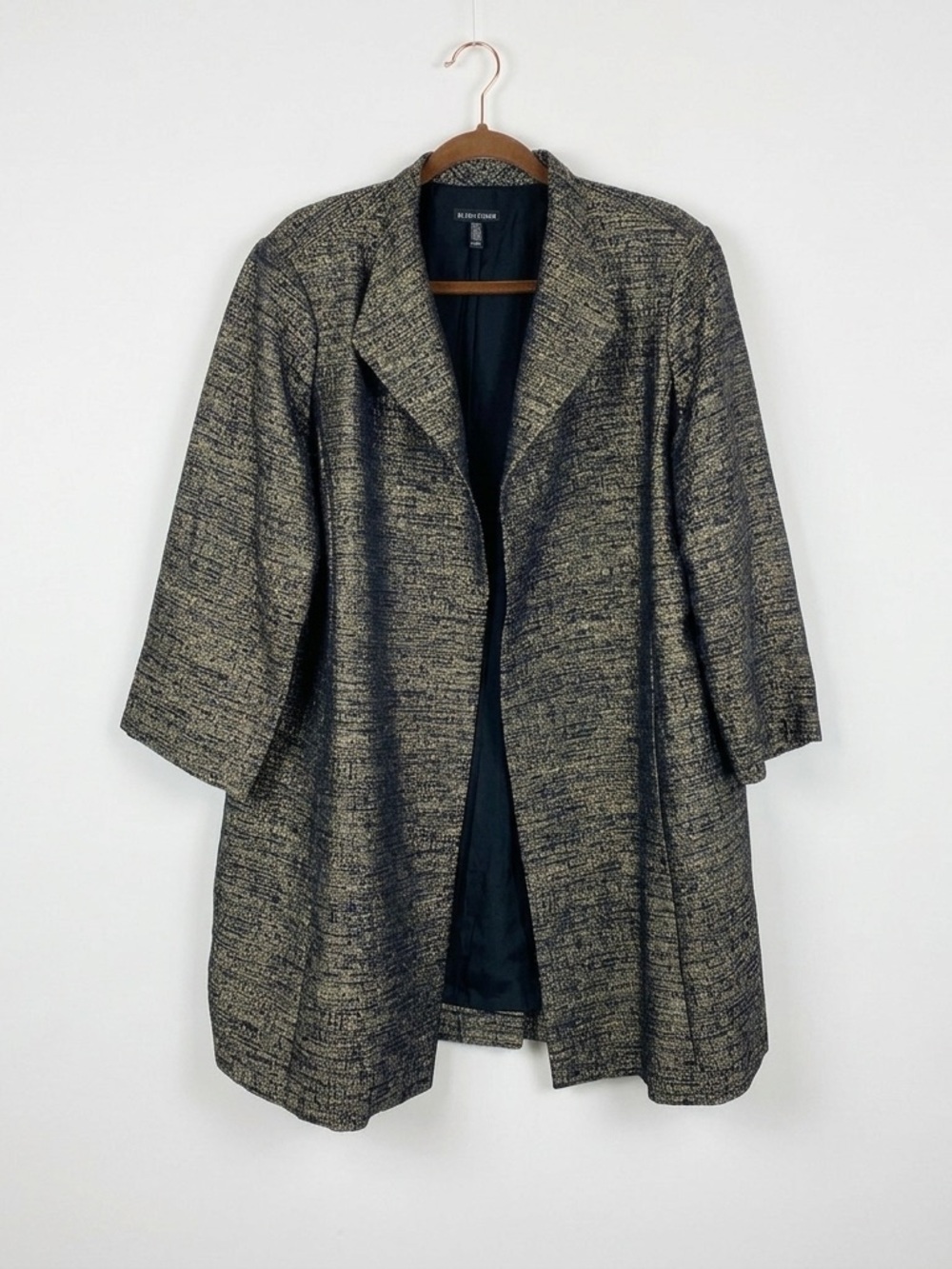 Eileen Fisher XL Silk Cotton Metallic Open Front Long Jacket Coat Shimmer Black